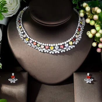 Moda de Alta Qualidade Multi-cor de Zircônia Conjunto de Jóias de Casamento da Forma do Coração de Noiva Colar e Brinco conjunto de bijoux N-1037