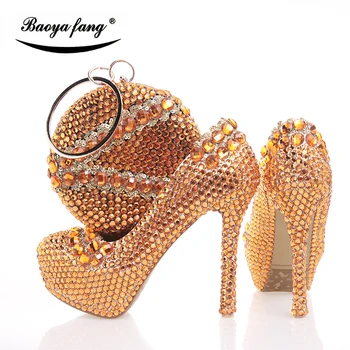 BaoYaFang cristal Alaranjado Womens sapatos de Casamento com macthing sacos de salto alto sapatos de plataforma e a bolsa sapatos de mulher