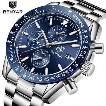 BENYAR Mens Watch Negócios dos Homens de Aço Inoxidável Relógios de pulso de Quartzo de melhor Marca de Luxo Cronógrafo Impermeável Esportes Relógios