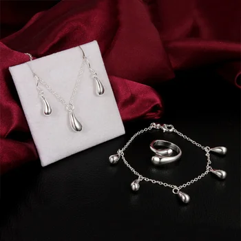 Prata 925 gota de água pingente de colar pulseira brinco de argolas conjunto de Jóias para as mulheres de Rua de todos-jogo de moda Festa presente