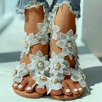 2023 Nova Verão De Sapatos De Senhoras Mulheres Sandálias Floral Branco Sandálias Das Mulheres Da Boêmia De Praia Casual Sapatos Para Mulher