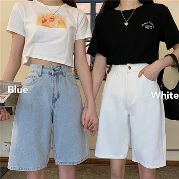 O Coreano Verão Shorts Jeans Mulheres De Perna Larga Short Jeans, Calças Soltas Vintage Direto Shorts Streetwear Namorado Cintura Alta