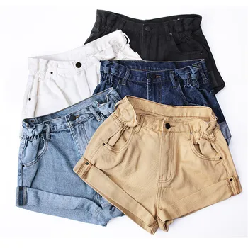 Shorts jeans de de Mulheres Mulheres Brancas Curto calças de Brim Cáqui de Perna Larga Cintura Elástica Vintage de Alta Shorts de Cintura Mulheres de Verão