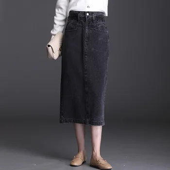 Vintage Elegante Cintura Alta Reta Saia Jeans para Mulheres de Outono Inverno Feminino Casual Slim Médio-longo Bodycon Jean Saias 5012