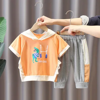 Novo bebê do sexo masculino com capuz dinossauro manga curta atender crianças verão empate manga curta terno bonito de duas peças de roupas de crianças